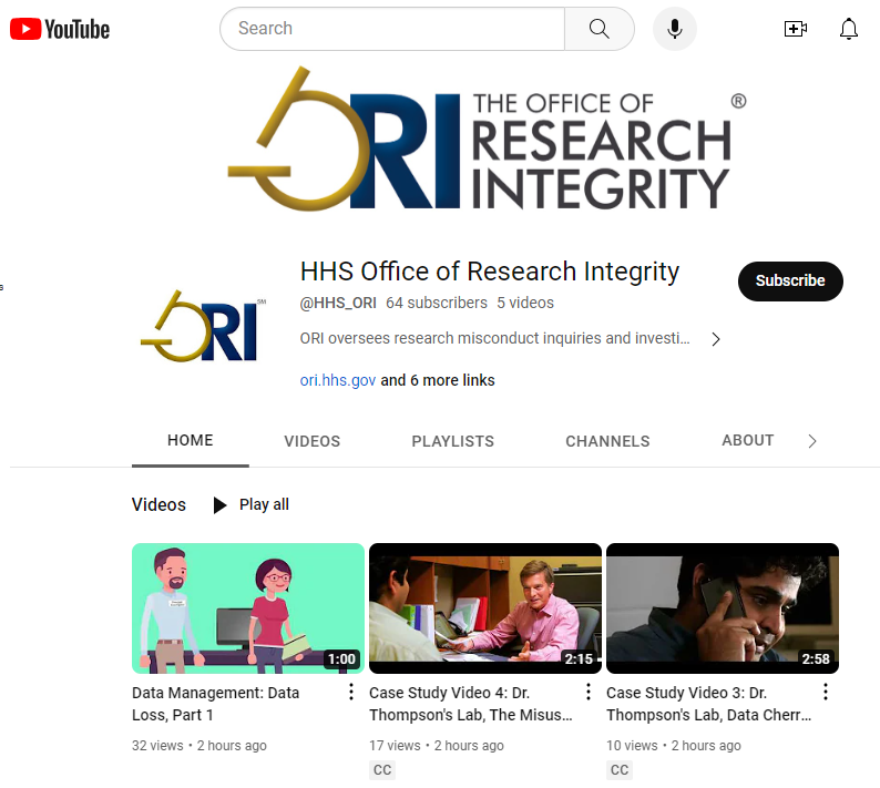 DHHS ORI YouTube Channel screenshot