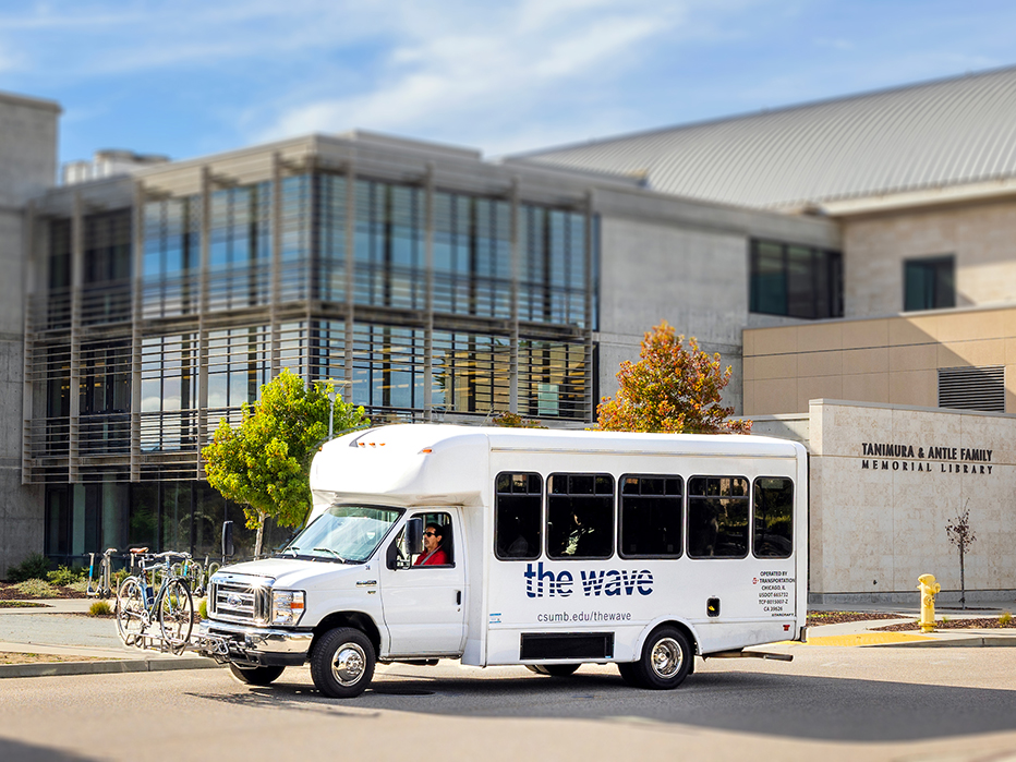 A Wave shuttle in front of the library