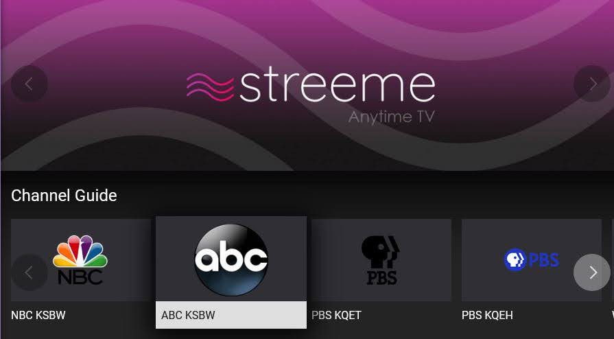 Screenshot of the Streeme Anytime TV interface. The top of the screen displays the Streeme logo with a purple background. Below is a horizontal channel guide featuring network icons and labels, including NBC KSBW, ABC KSBW (highlighted), PBS KQET, and PBS KQEH. Navigation arrows appear on either side of the guide.
