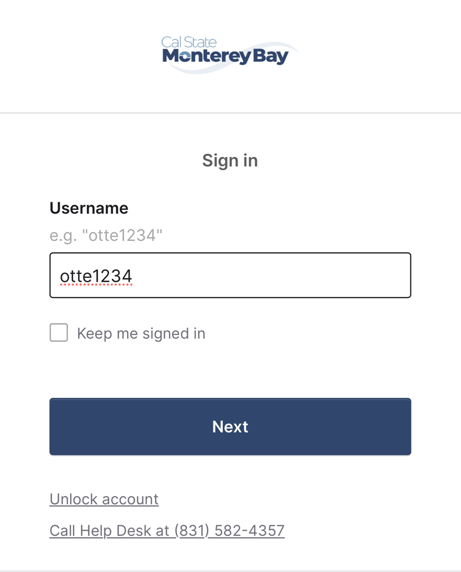 Cal State Monterey Bay login page prompting the user to enter a username, with options to stay signed in, unlock account, or contact help desk.