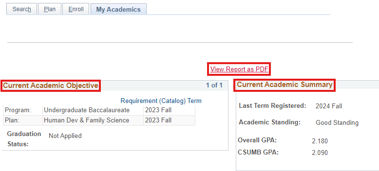 View of the Academic Objective and Summary in OASIS