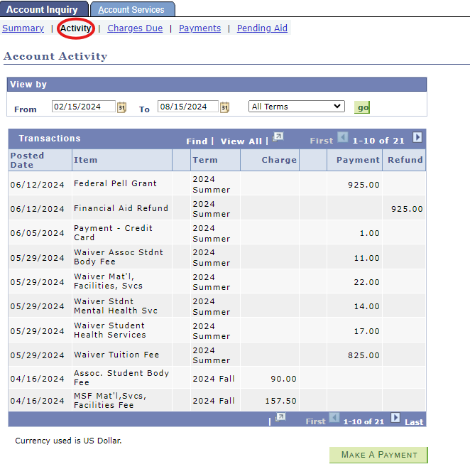 View of Account Activity screen in OASIS