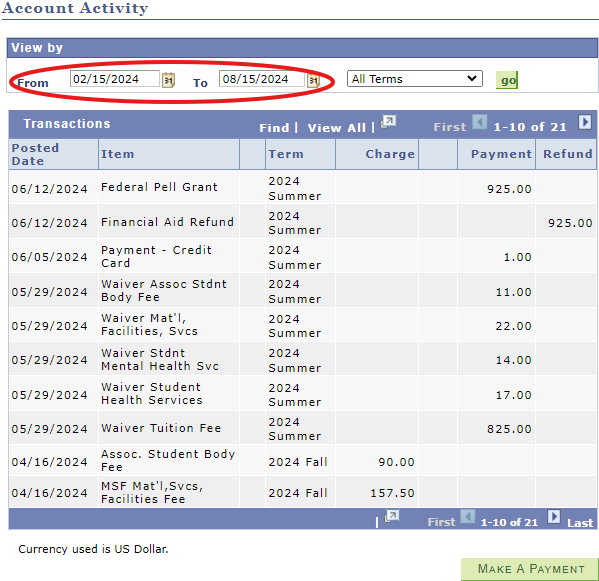 View of Account Activity screen in OASIS with from and to dates circled