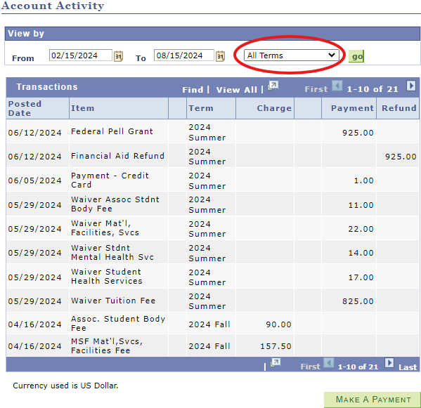 View of Account Activity screen in OASIS with All Terms circled