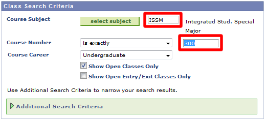 Class Search Criteria OASIS Screenshot