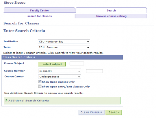 Course Catalog Search OASIS Screenshot