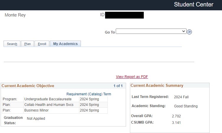 Screenshot showing an example of Current Academic Objective