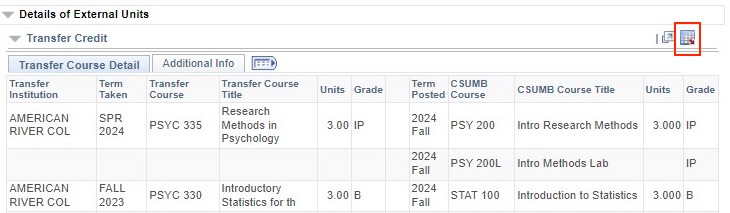 Screenshot of Transfer Credit with Excel Download icon circled