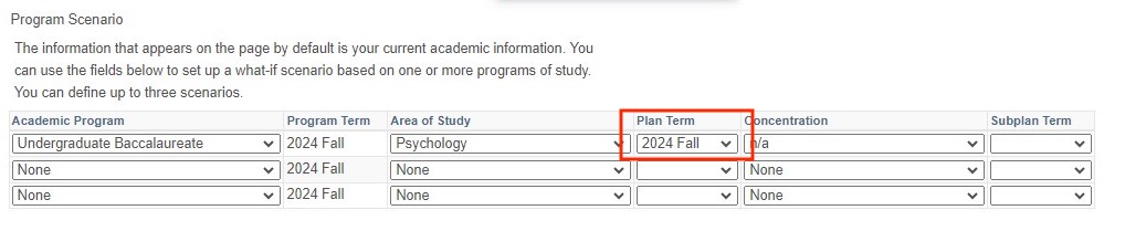 Screenshot of What-if Report Select Plan Term in OASIS