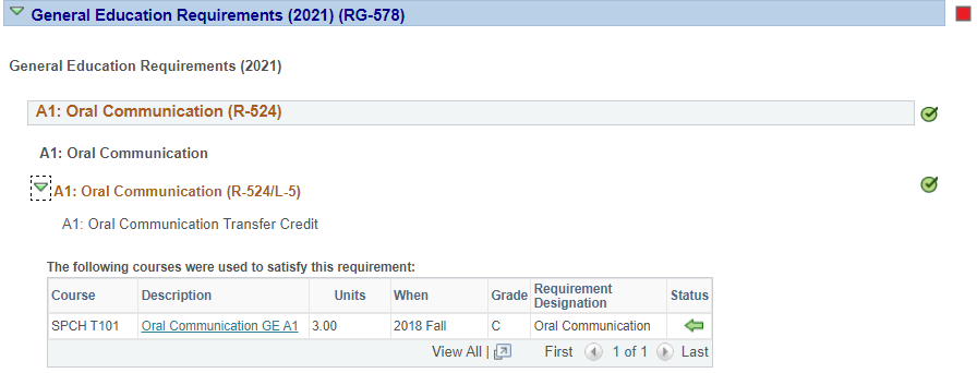 Screenshot of the General Education Requirements in OASIS