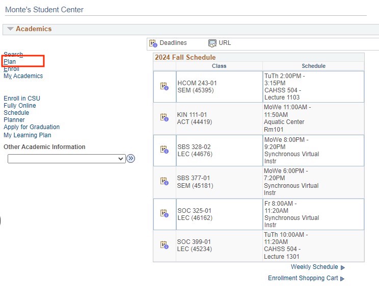 Screenshot of Student Center in OASIS with Plan circled