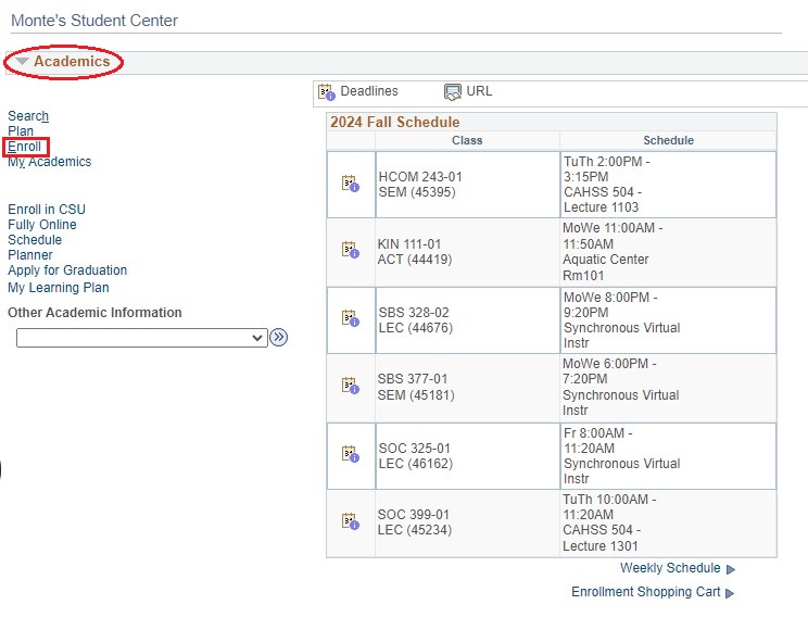 Screenshot of Academics screen in OASIS with Academics and Enroll circled