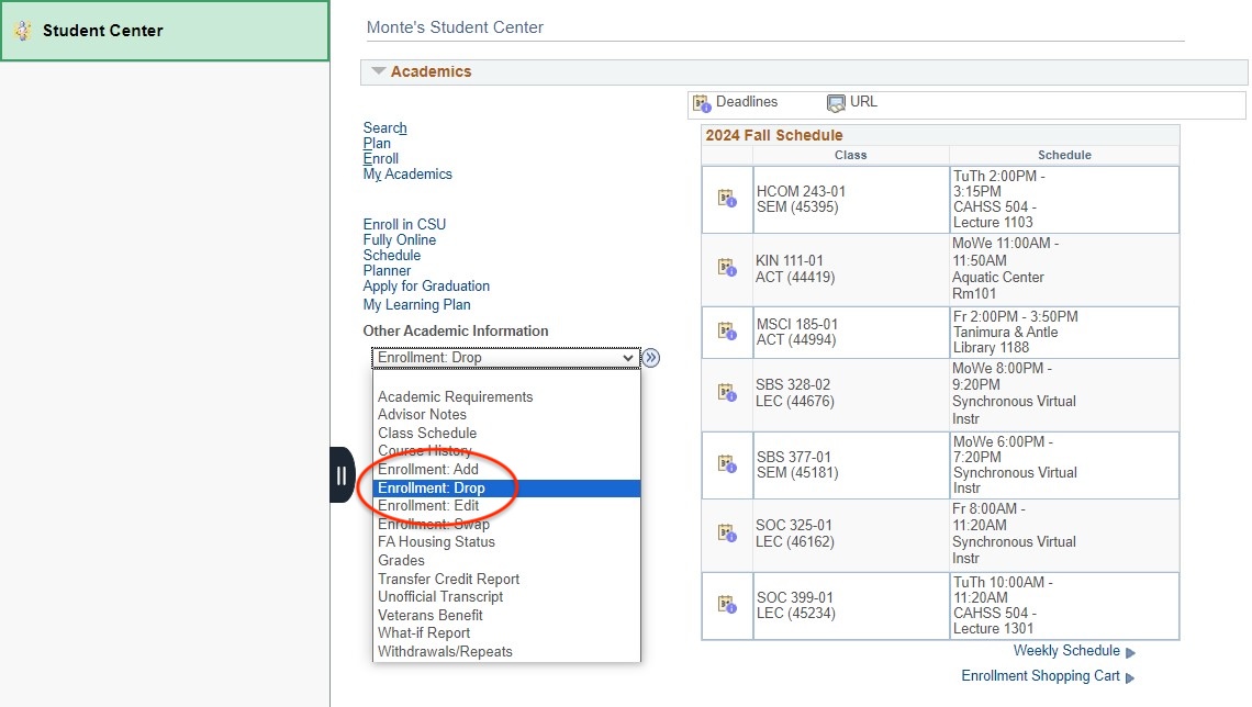 Screenshot of Academics in OASIS with Enrollment: Drop selected