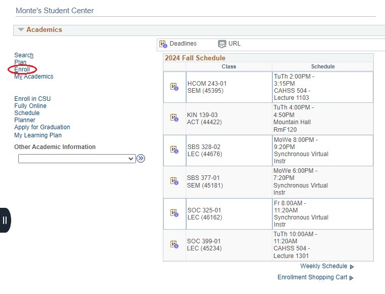 Screenshot of Academics screen in OASIS with Enroll link circled