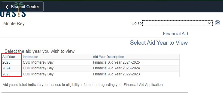 Screenshot of Financial Aid Select a Year to View in OASIS