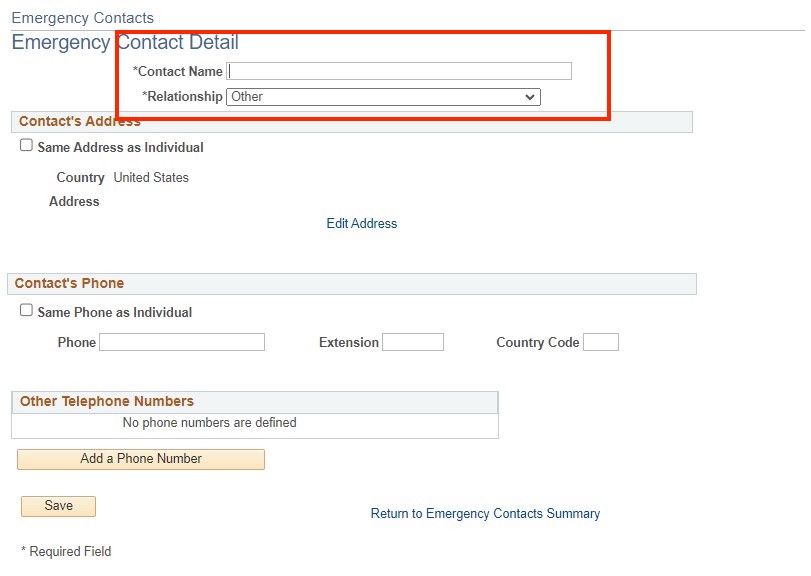 Sceenshot of Emergency Contact Detail screen in OASIS