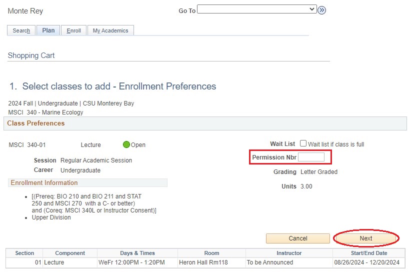 Screenshot of Add Classes in OASIS with Permission Number field circled