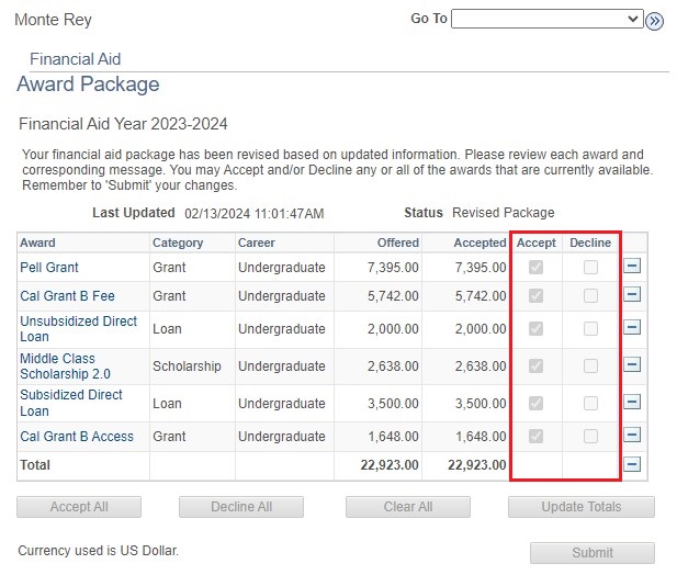 Screenshot of Award package showing the accept and decline boxes in OASIS