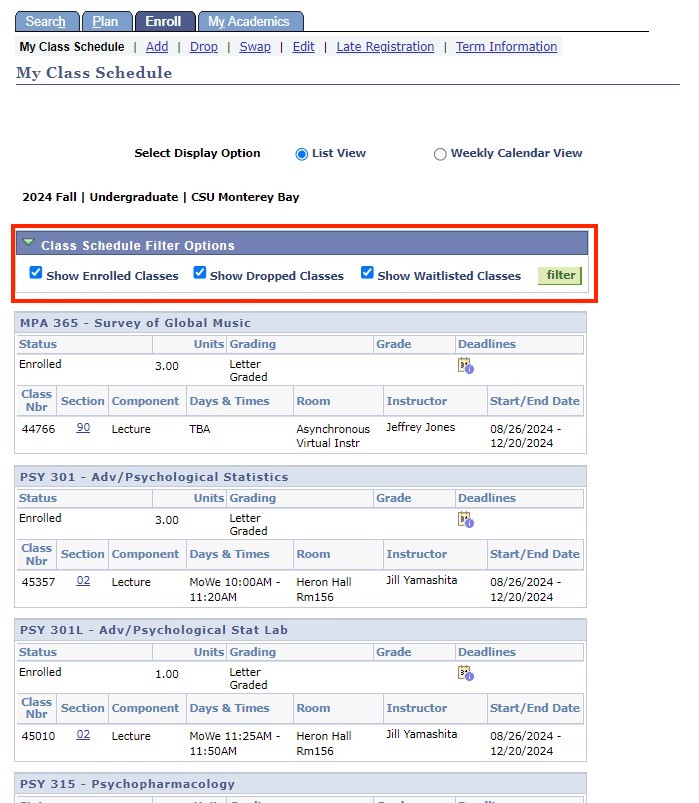 Screenshot of the Academics Section in OASIS with the class schedule revealed