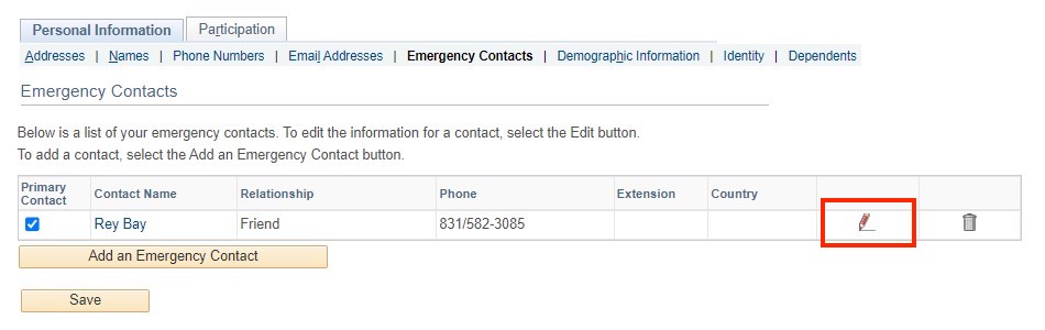 Screenshot of the Emergency Contact section of OASIS with Edit icon circled