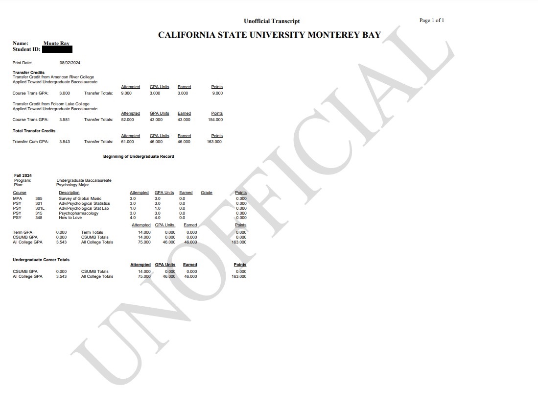 Screenshot of a CSUMB Unofficial Transcript