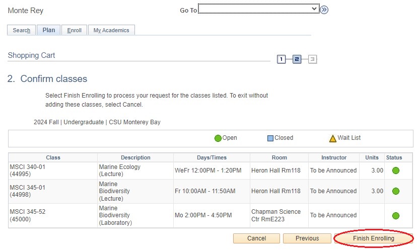 Screenshot of Add Classes in OASIS with Finish Enrolling button circled