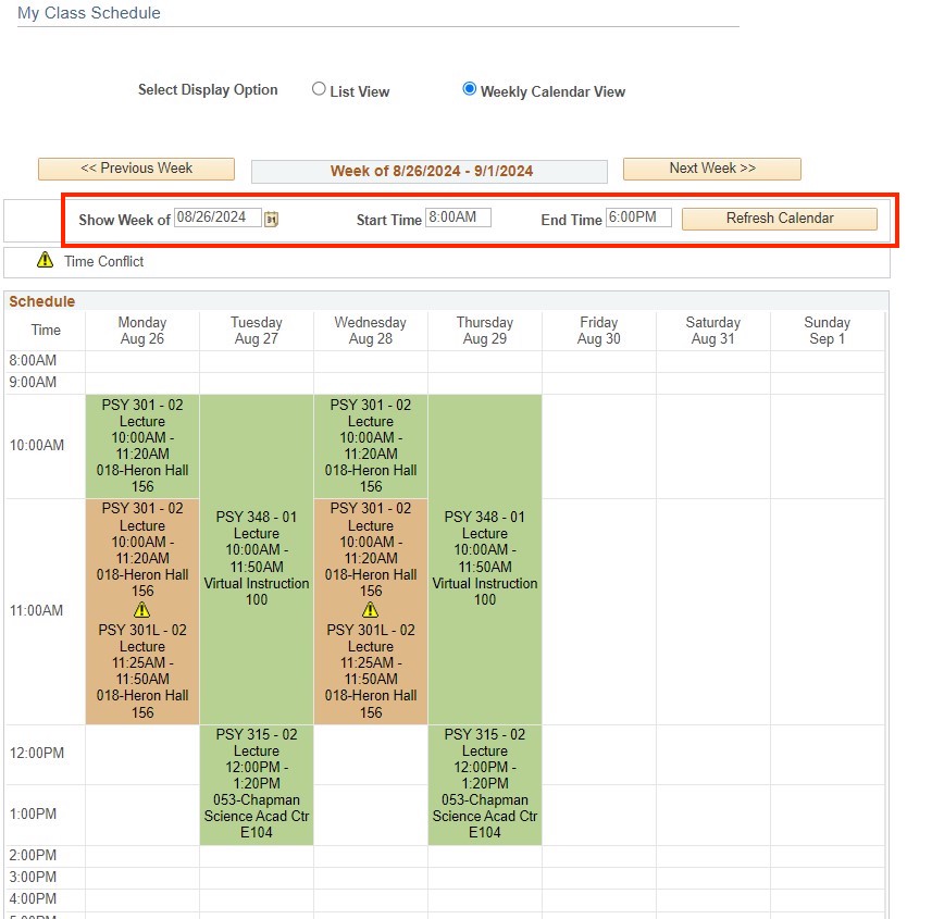 Screenshot of the My Class Schedule section of OASIS