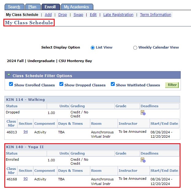 Screenshot of OASIS Swap a Class showing class schedule