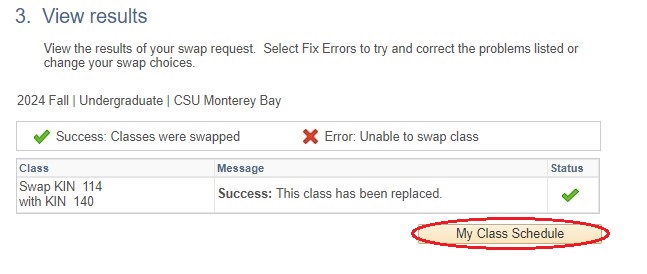 Screenshot of OASIS Swap a Class verify results screen with Class Schedule circled