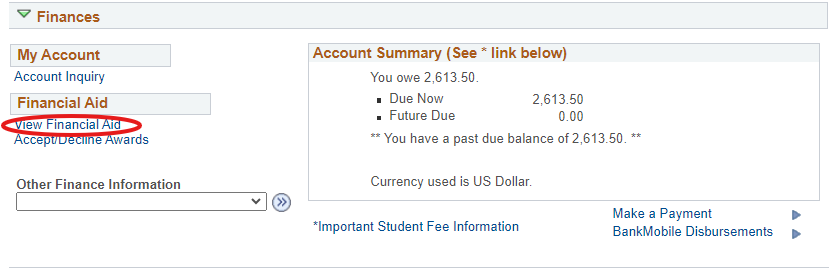Screenshot of Financial Aid View in OASIS