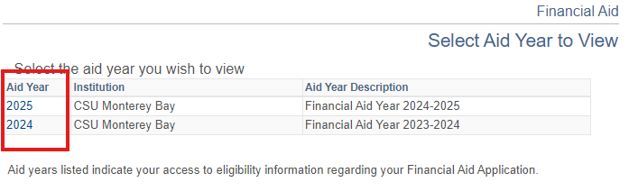 Screenshot of Financial Aid View in OASIS