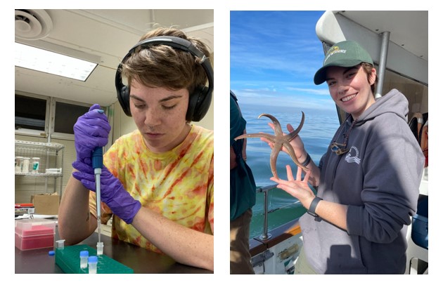 Student in lab with pipette and student on boat holding a sea star