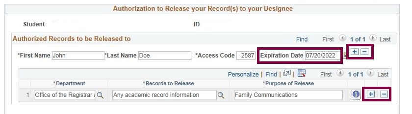 Screen capture of entering designee(s) for authorization to release, including boxes outlining plus and minus button to add departments and persons, plus adjust expiration date