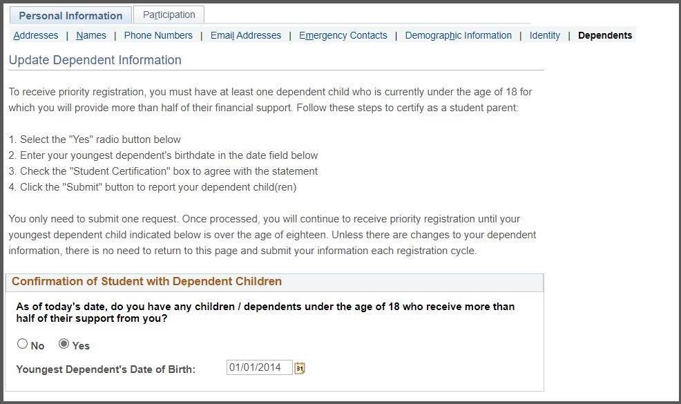 screenshot of update dependents page in OASIS