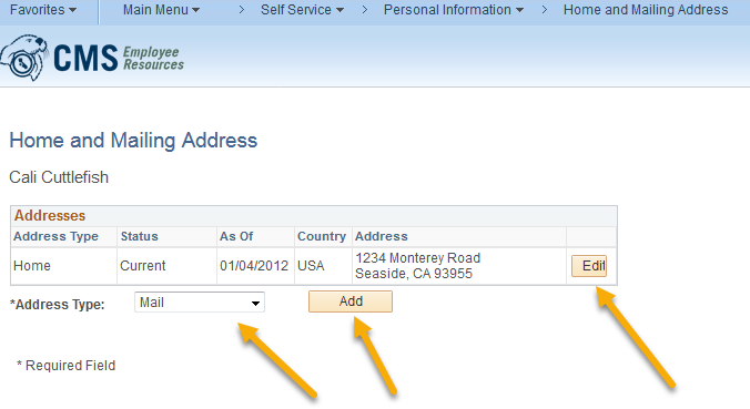 Click Edit to update existing address or select address type and click add