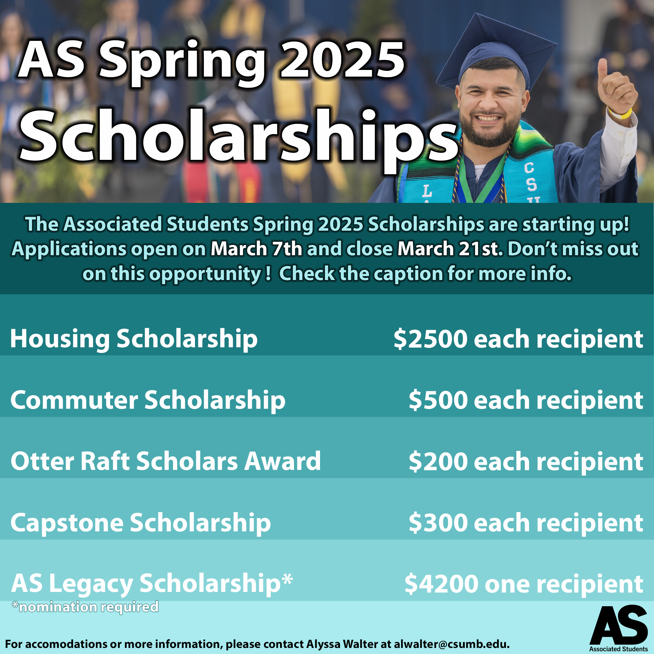 Graphic sharing information on AS Scholarships. View the Scholarships website for this information