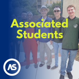 A group of people with the associated student logo