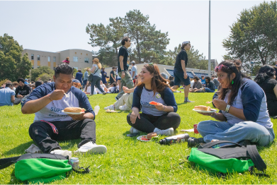 Csumb students sitting on main quad, eating