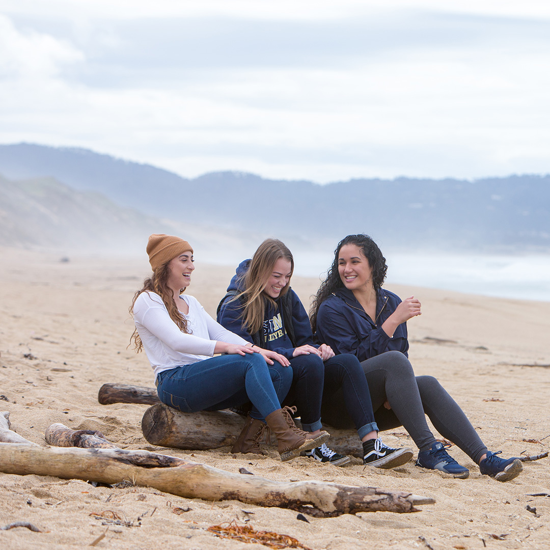 Three students sitting on a log on the beach laughing.