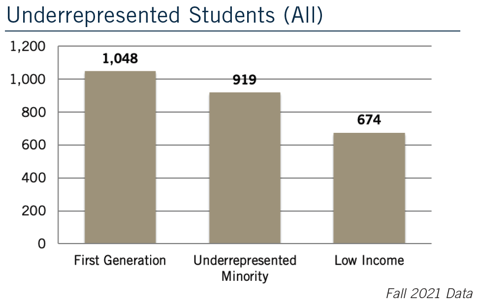COS Underrepresented Students Graph 2021 - 1,048 first gen, 919 underrepresented minority, 674 low income