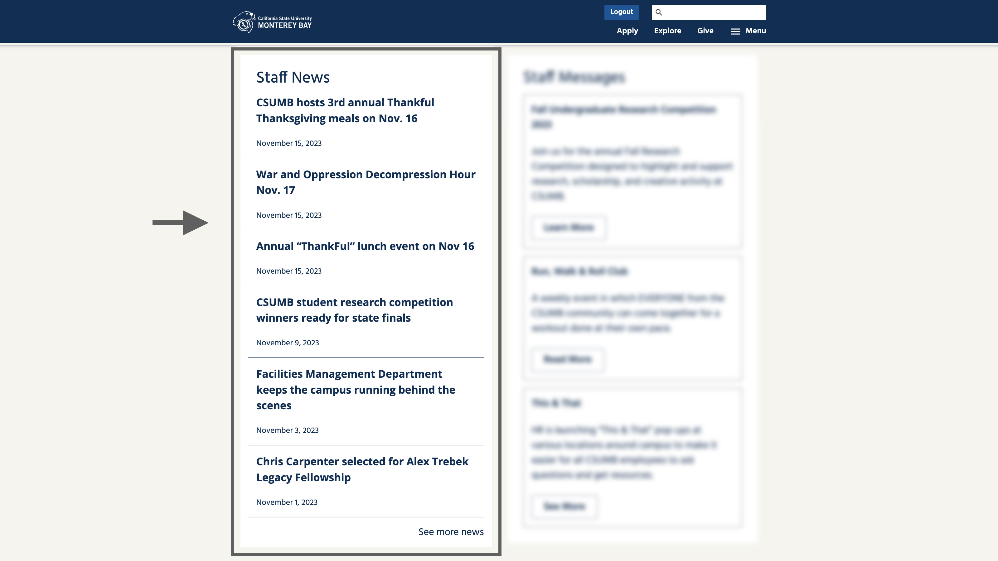 Screenshot: The news section of the staff dashboard